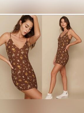 Reformation Ventura Brown Floral Mini Slip Dress